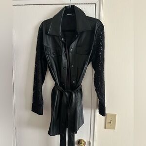 Express lace sleeve belted shacket